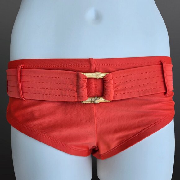 Vintage 90s Y2K Boyshorts Halter Bikini Size 12 Orange Belted Bamboo Buckle - Picture 2 of 10